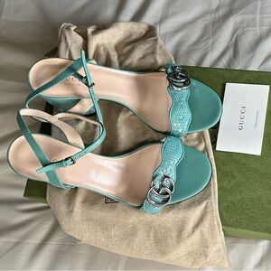Stunning Gucci Double GG Marmont Green Sequin Mid Heel Sandals Size 7